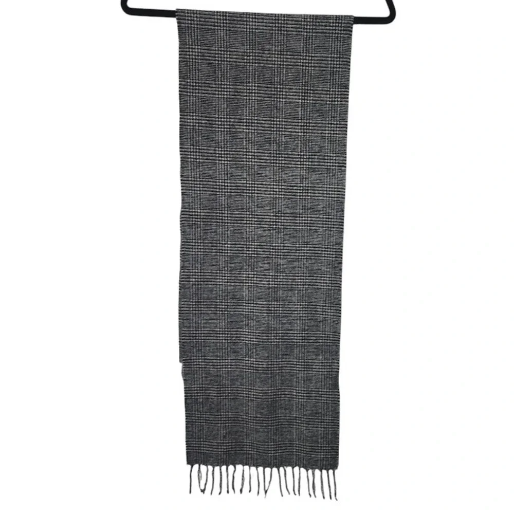 LANDS' END VINTAGE 90s Lambswool Glen Plaid Scarf Gray Fringe Made in‎ Britain